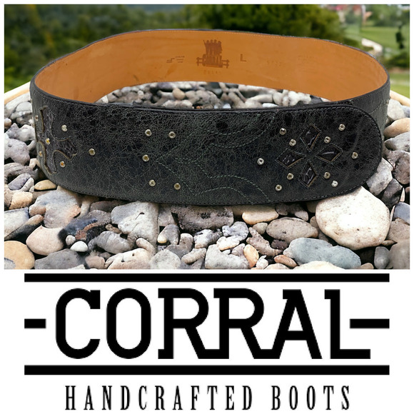 Corral Boots Wide Western Belt Sz L Leather & Snakeskin Waist Cinch B0145 - Picture 1 of 9